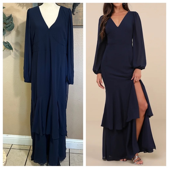 NWT Tier Elegance Navy Long Sleeve Tiered Maxi Dress - Picture 1 of 11
